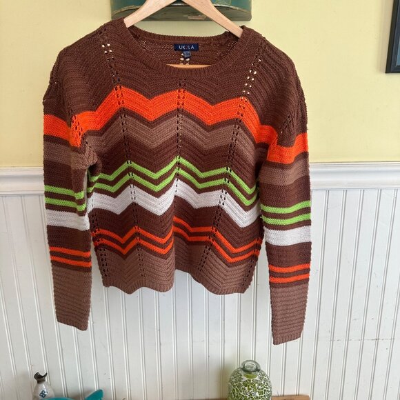 UK2LA Sweaters - Uk2La Chevron Knit Sweater XS Brown Orange Green White Zigzag Pattern